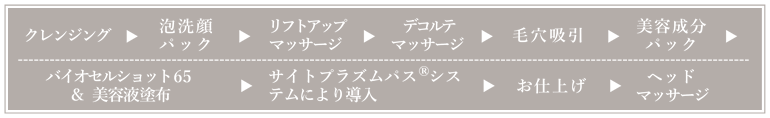 クレンジング→泡洗顔パック→リフトアップマッサージ→吸引→美容成分パック(フットマッサージ付き)→サイトプラズムパス®システム(エレクトロポレーション)→ハンド&アームマッサージ→お仕上げ→ヘッドマッサージ