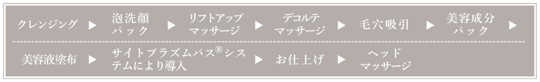クレンジング→泡洗顔パック→リフトアップマッサージ→吸引→美容成分パック(フットマッサージ付き)→サイトプラズムパス®システム(エレクトロポレーション)→ハンド&アームマッサージ→お仕上げ→ヘッドマッサージ