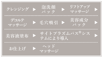 クレンジング→泡洗顔パック→リフトアップマッサージ→吸引→美容成分パック(フットマッサージ付き)→サイトプラズムパス®システム(エレクトロポレーション)→ハンド&アームマッサージ→お仕上げ→ヘッドマッサージ